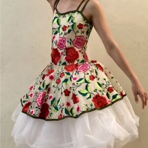 Floral Kids Ballet Costume with Red and Green Accents